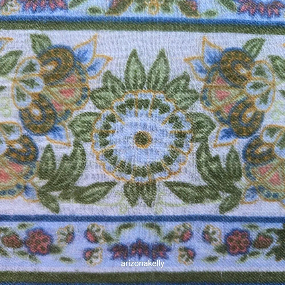 Square Wool Blue Scarf With Leaves and Flowers